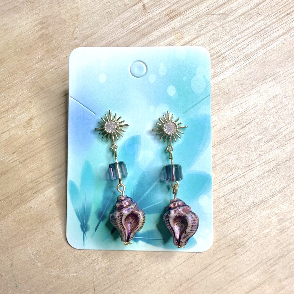 Hand crafted Purple beaded handmade Seashell beach Earrings